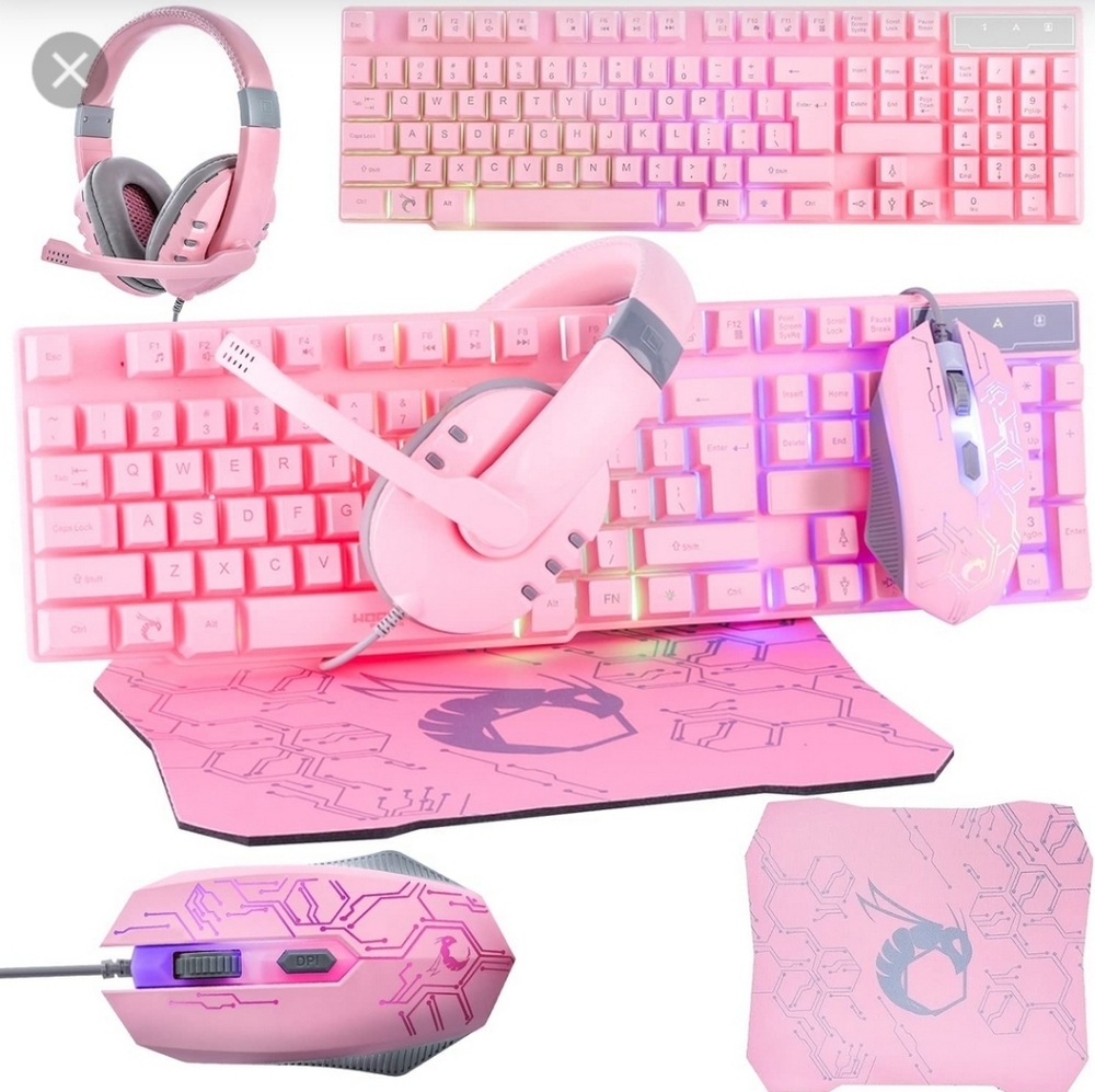 Pink gaming keyboard mouse & headphones with mic